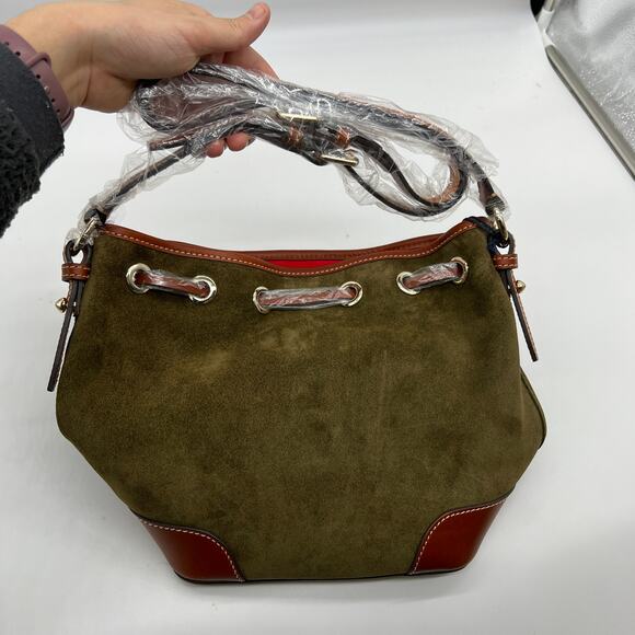 Dooney & Bourke Suede Drawstring Crossbody Olive Crossbody Handbags - Picture 2 of 15